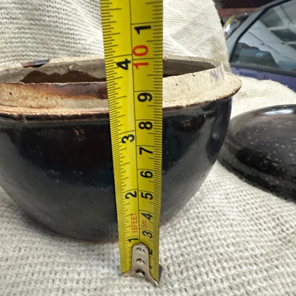 Vintage Asian Brown Glaze Stoneware Lidded Pot Jar Dark Wabi Sabi Japandi 6.5